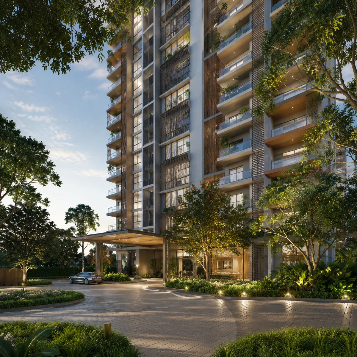 TVS Emerald Rayasandra tower exterior at the gated arrival court